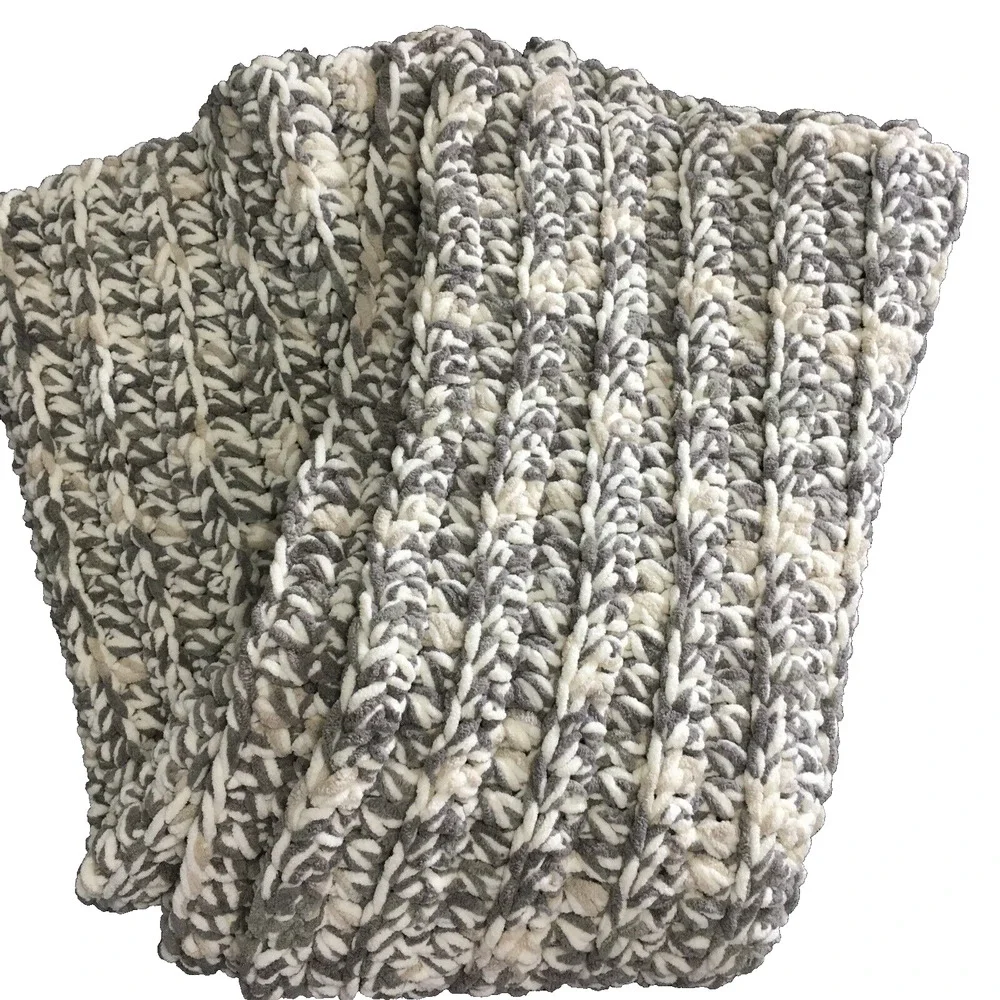 Crocheted Knit Afghan Lap Blanket Throw 44.5‎ x 50 Gray White & Cream Handmade